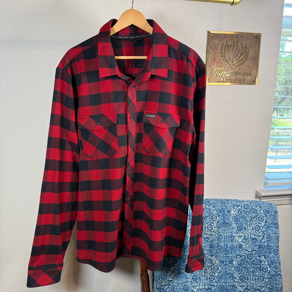 Kuiu Guide Flannel Shirt Mens XL Red Black Buffalo Check Stretch Button Up Logo
